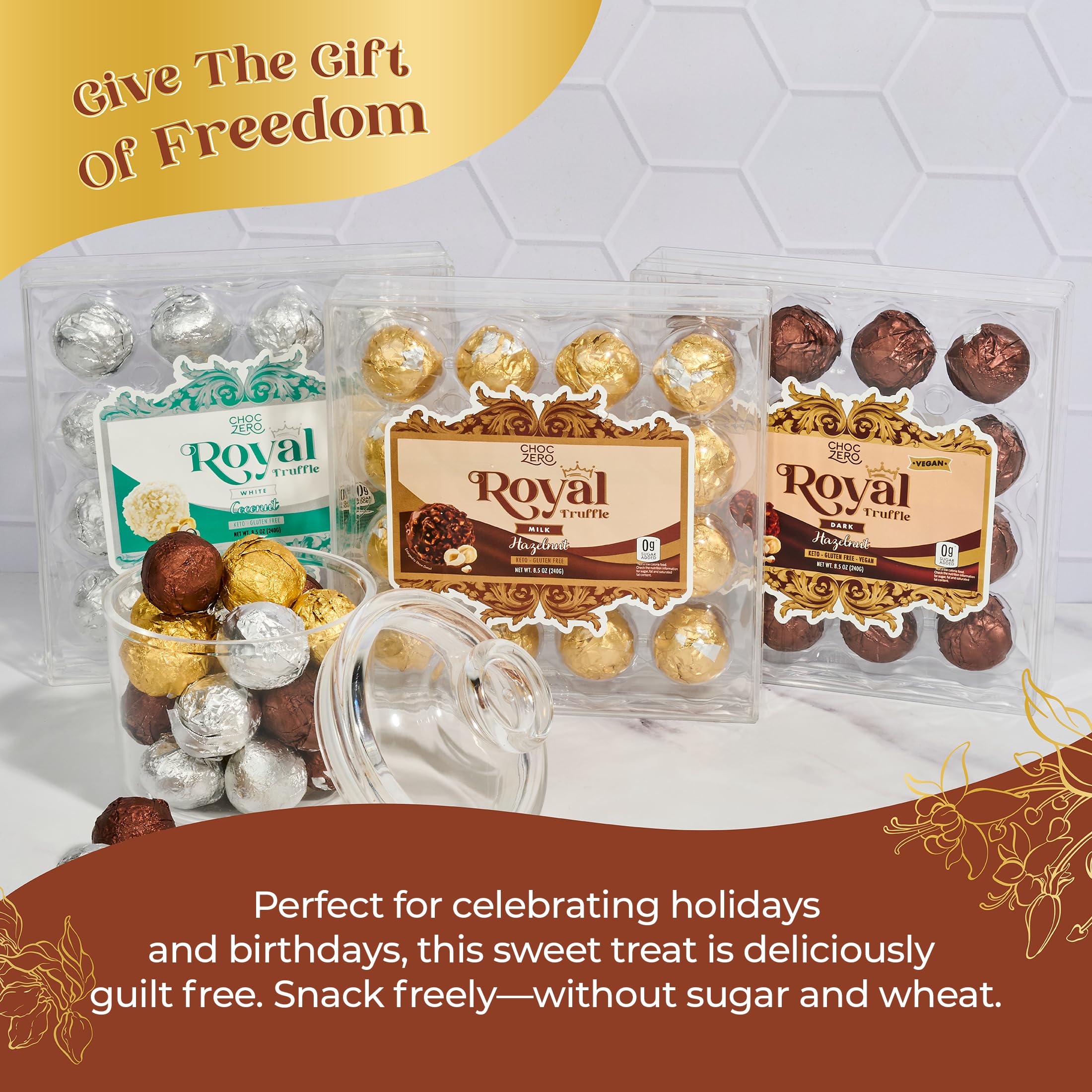 ChocZero gold-wrapped gift box close-up highlighting premium presentation.