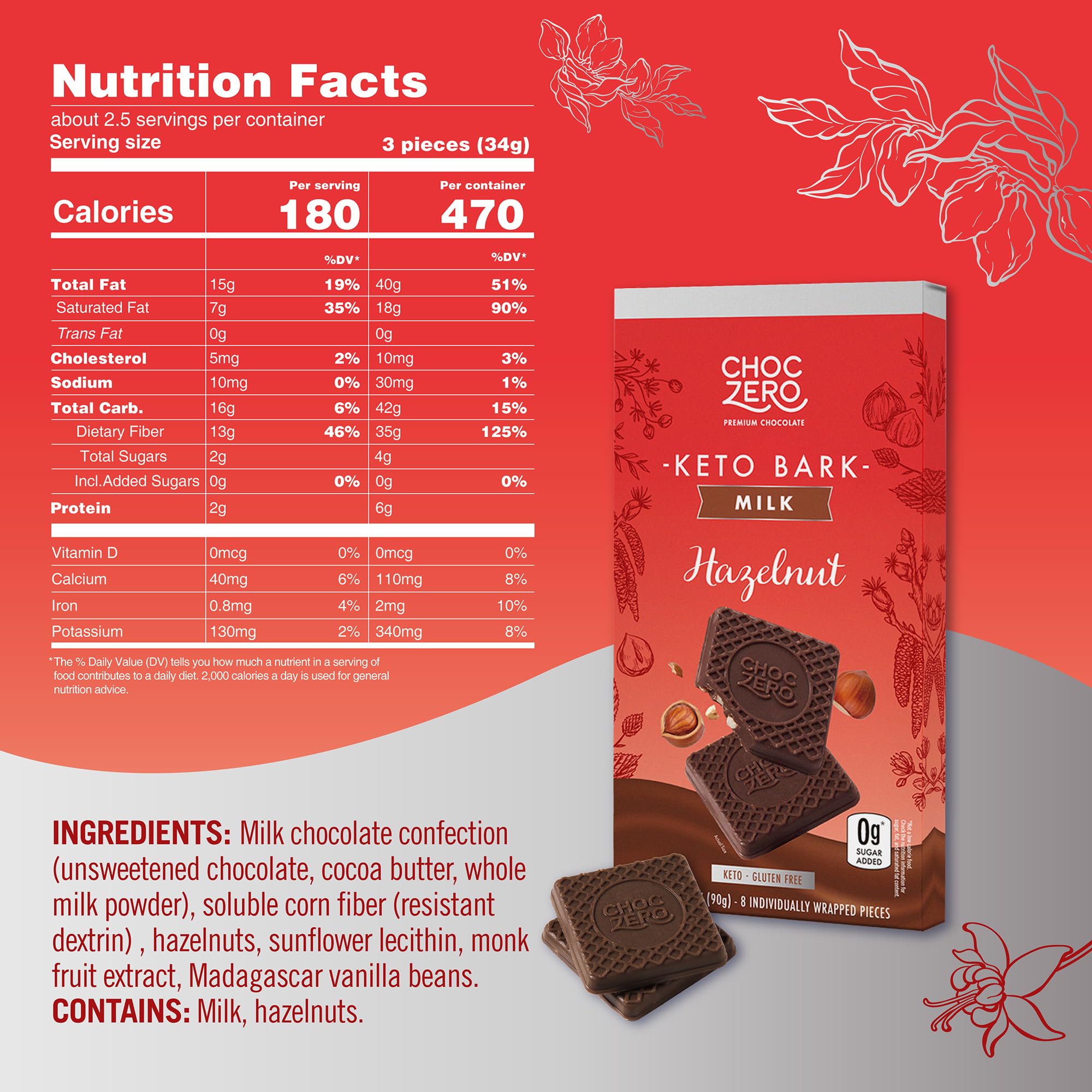 ChocZero hazelnut bark eight pieces shown for easy on-the-go snacking.