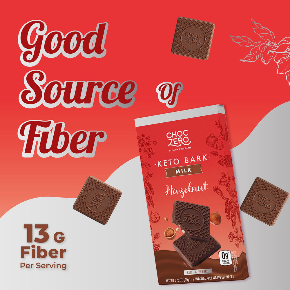 ChocZero hazelnut bark ingredients label highlight non-GMO and gluten-free claims.