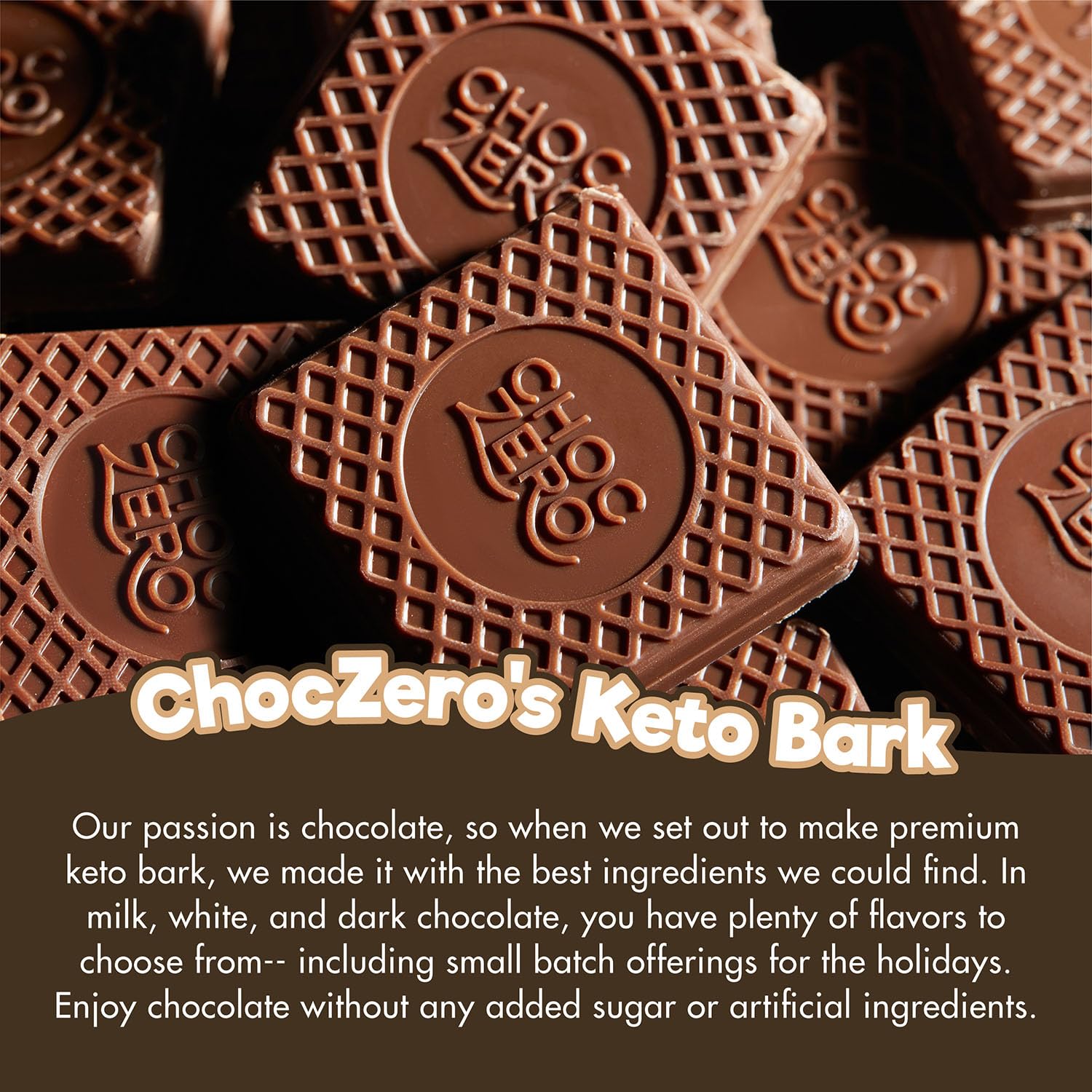 ChocZero hazelnut bark product shot emphasizing no added sugar for keto-friendly snacking.
