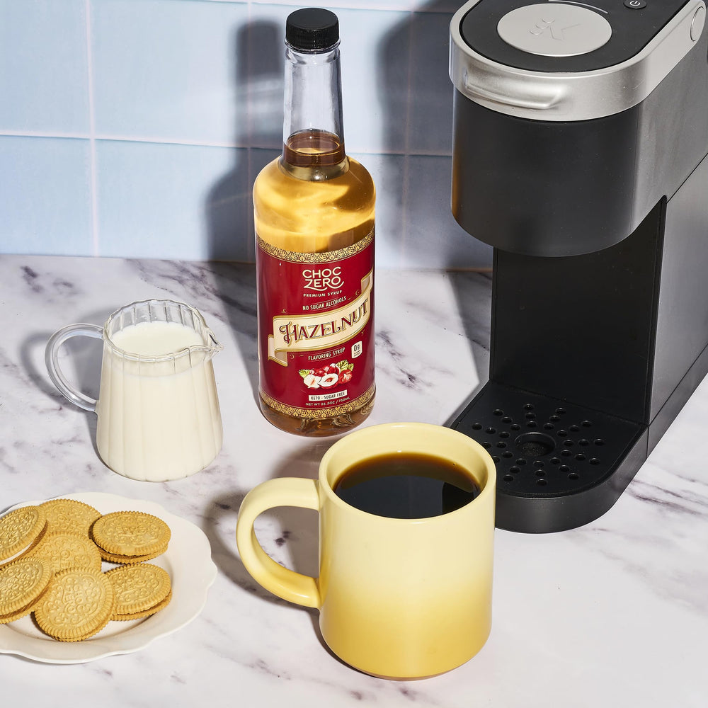 ChocZero hazelnut syrup coffee foam topping shows versatile complement for drinks