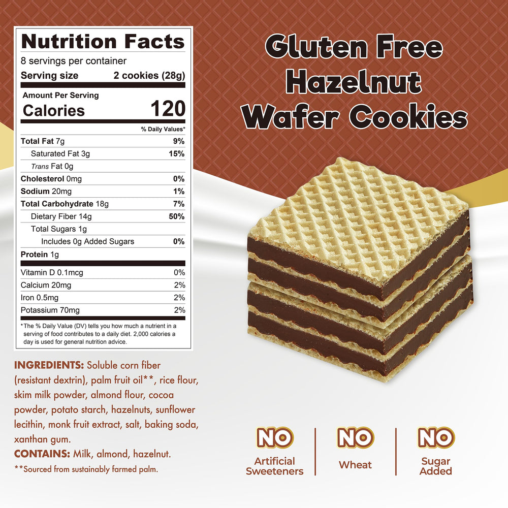 ChocZero Hazelnut Wafer Cookies box back shows nutrition info for mindful snacking.