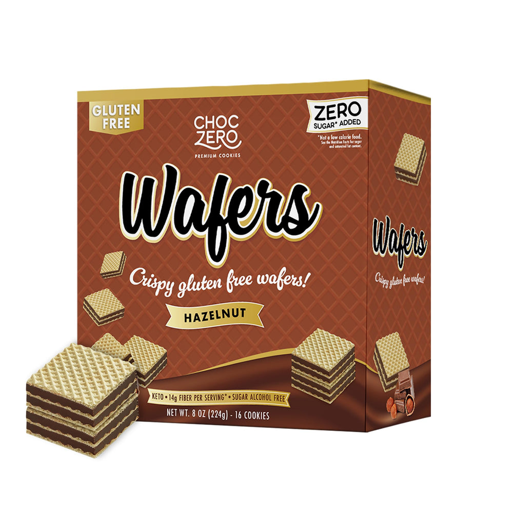 ChocZero Hazelnut Wafer Cookies box front highlights gluten-free, keto-friendly packaging for smart snacking.