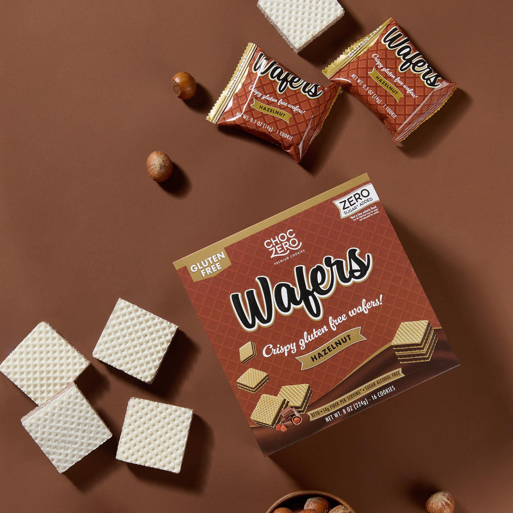 ChocZero Hazelnut Wafer Cookies served with coffee for a satisfying snack.
