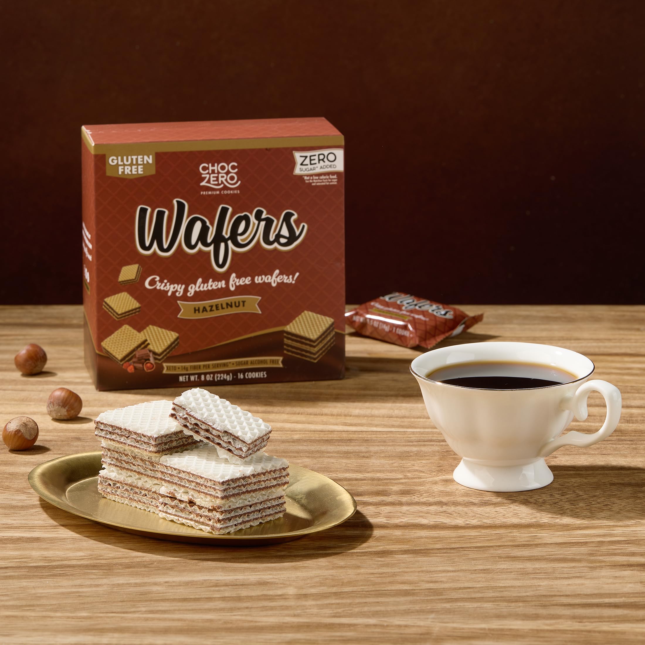 ChocZero Hazelnut Wafer Cookies crème filling close-up highlights creamy hazelnut center.