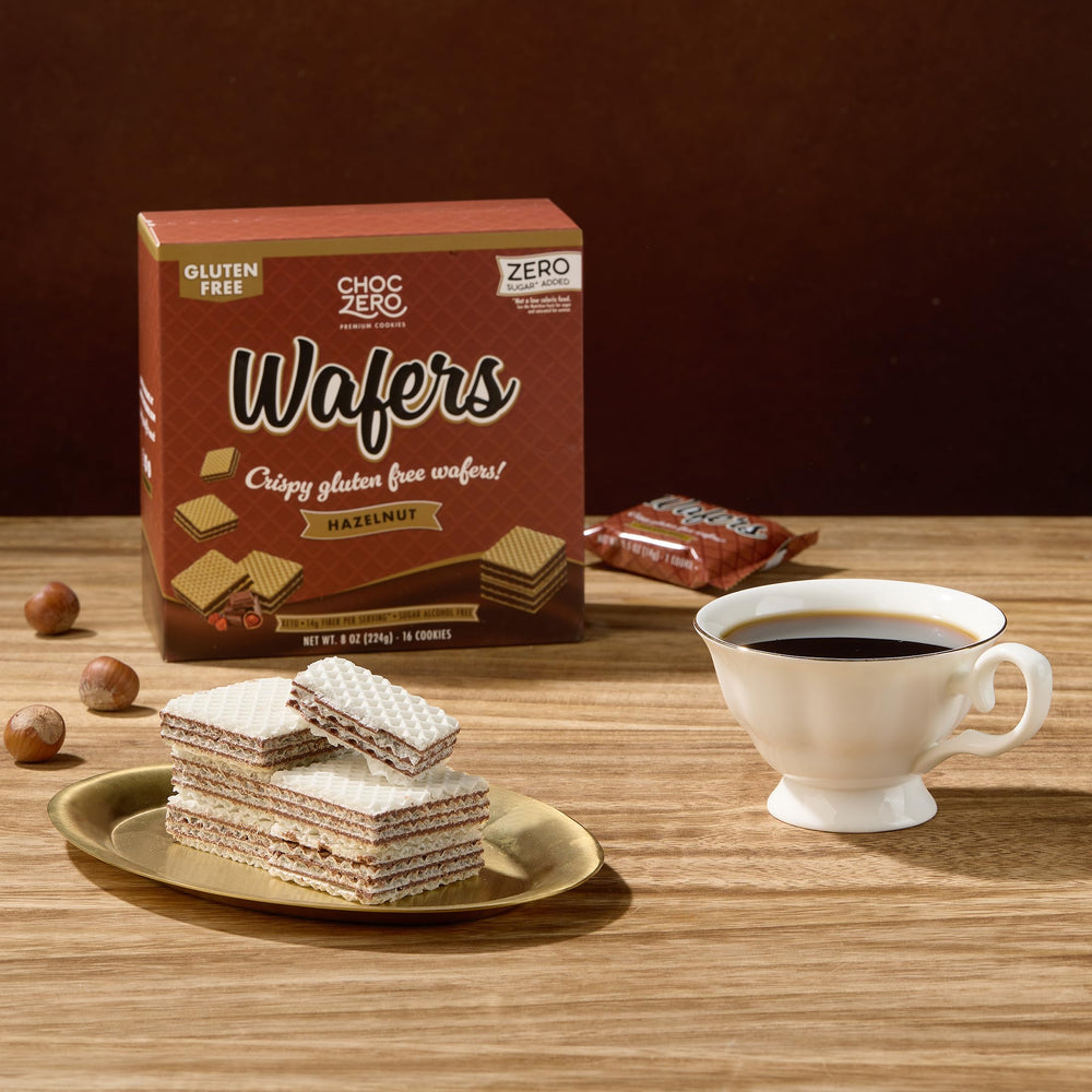 ChocZero Hazelnut Wafer Cookies crème filling close-up highlights creamy hazelnut center.