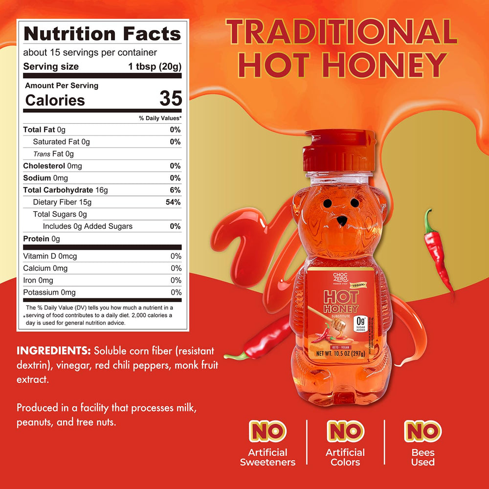 Pouring ChocZero hot honey for a sweet spicy drizzle