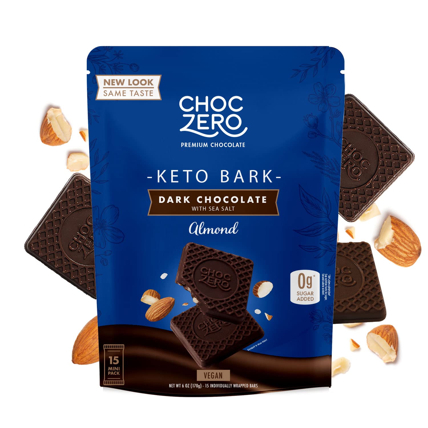 ChocZero Keto Bark pack shot with vegan dark chocolate almonds and sea salt for a low-sugar snack