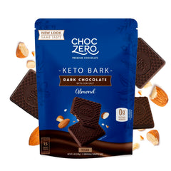 ChocZero Keto Bark pack shot with vegan dark chocolate almonds and sea salt for a low-sugar snack