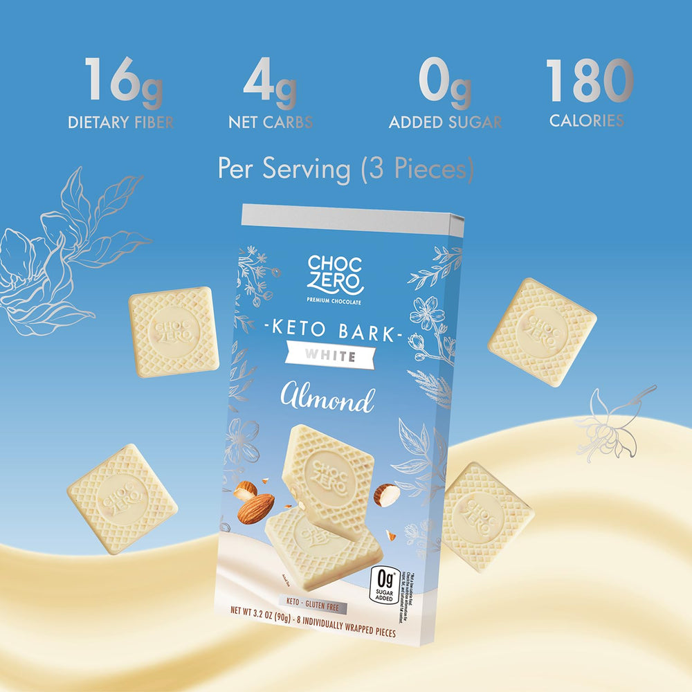ChocZero Keto Bark cross-section reveals white chocolate and roasted almonds.