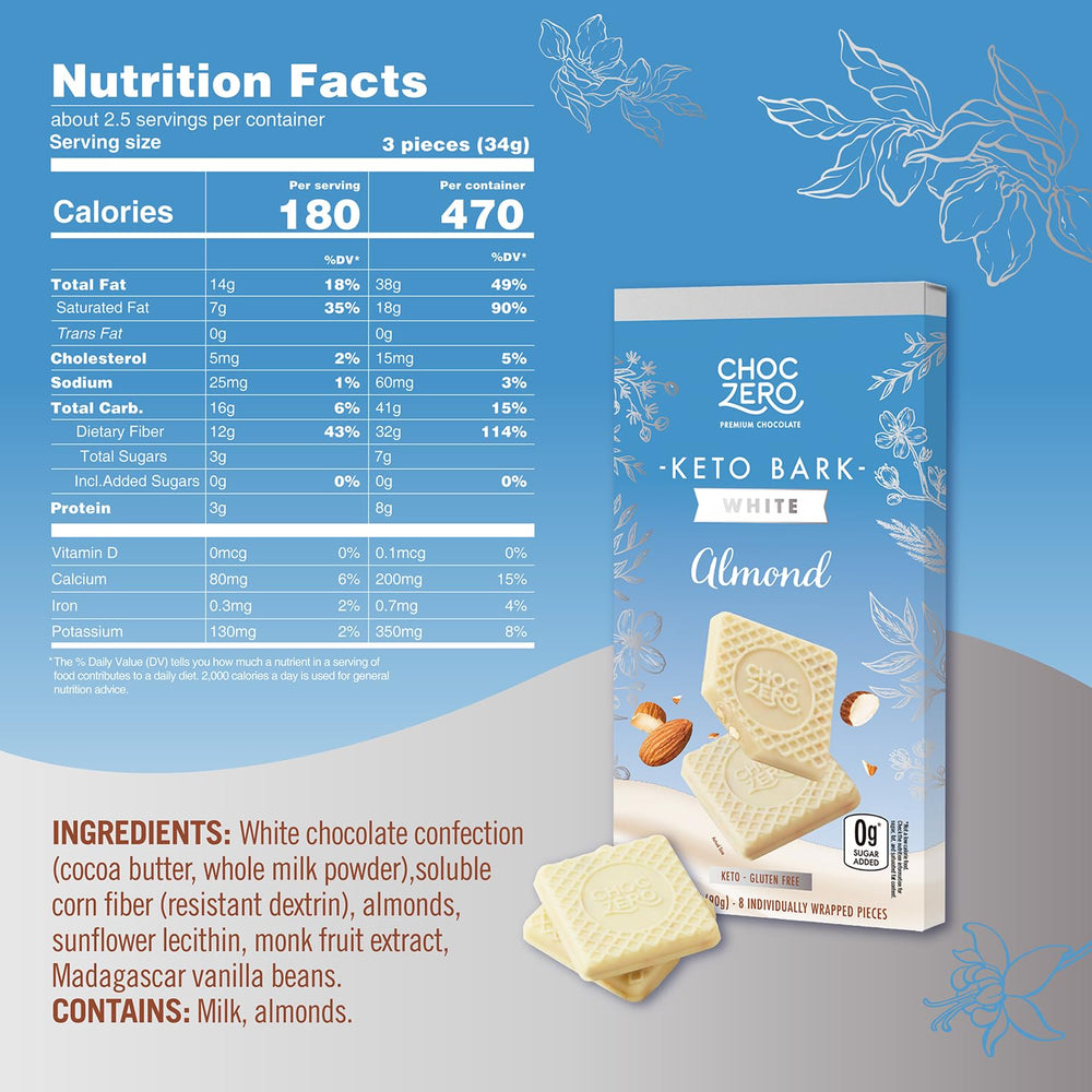 ChocZero Keto Bark bar outer view with white chocolate and almonds.