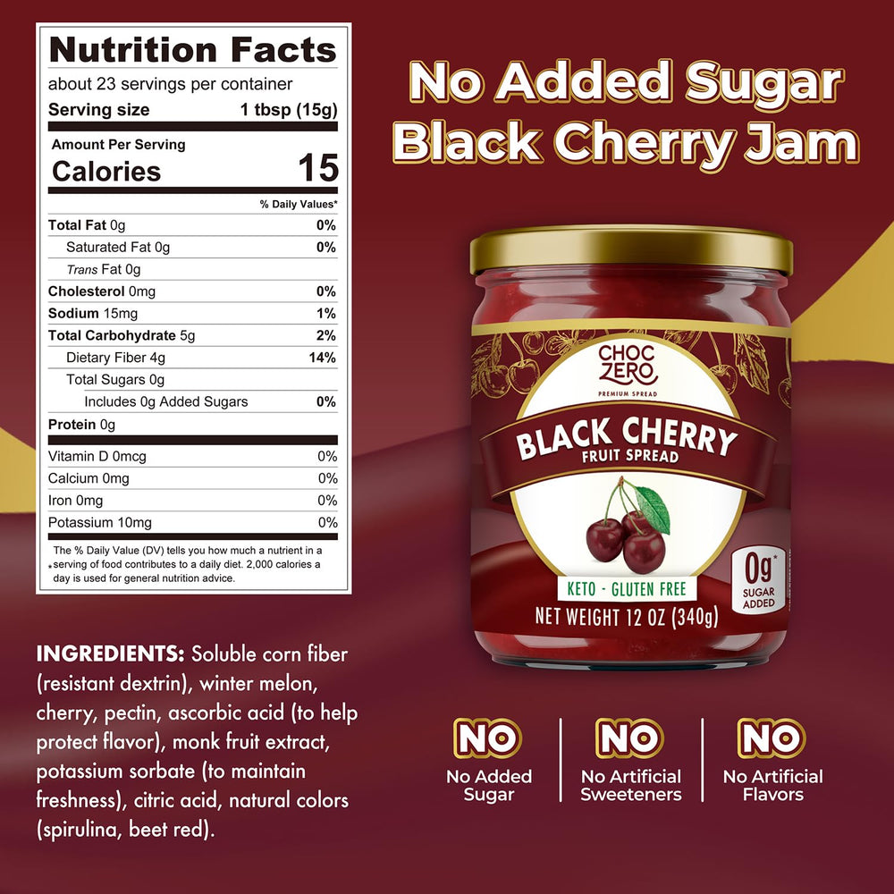 ChocZero Keto Black Cherry Jam jar open showing glossy, spreadable texture.