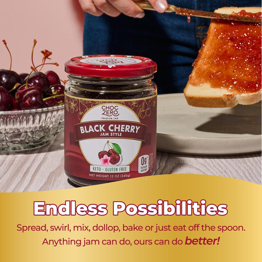 ChocZero Keto Black Cherry Jam served with waffles for keto breakfast.
