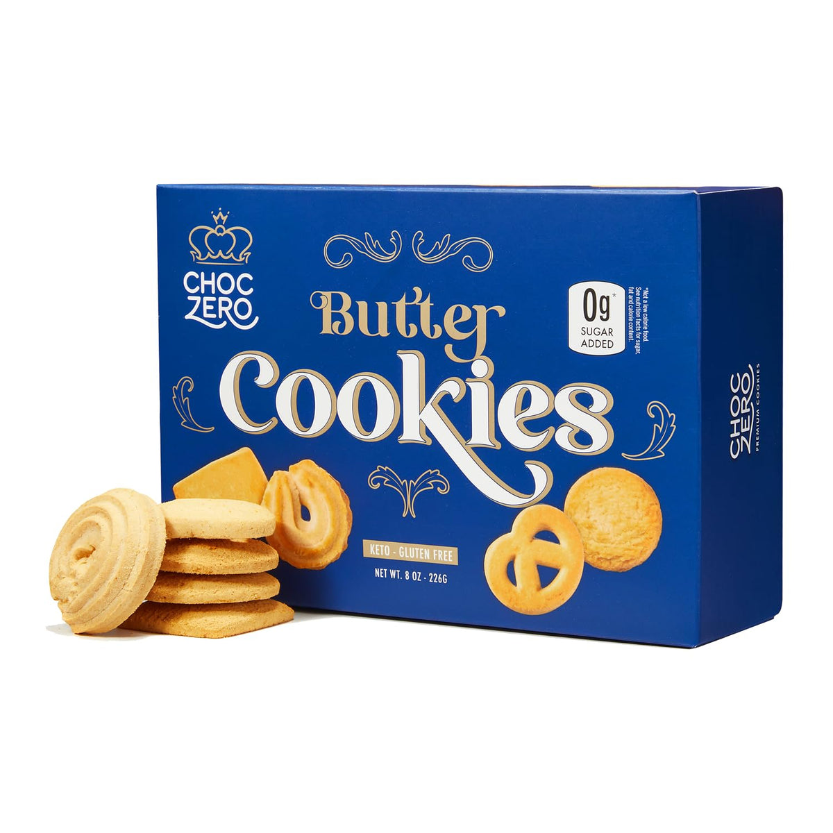 ChocZero Keto Butter Cookies in a decorative tin, ideal as a gift for sugar-free lifestyles.