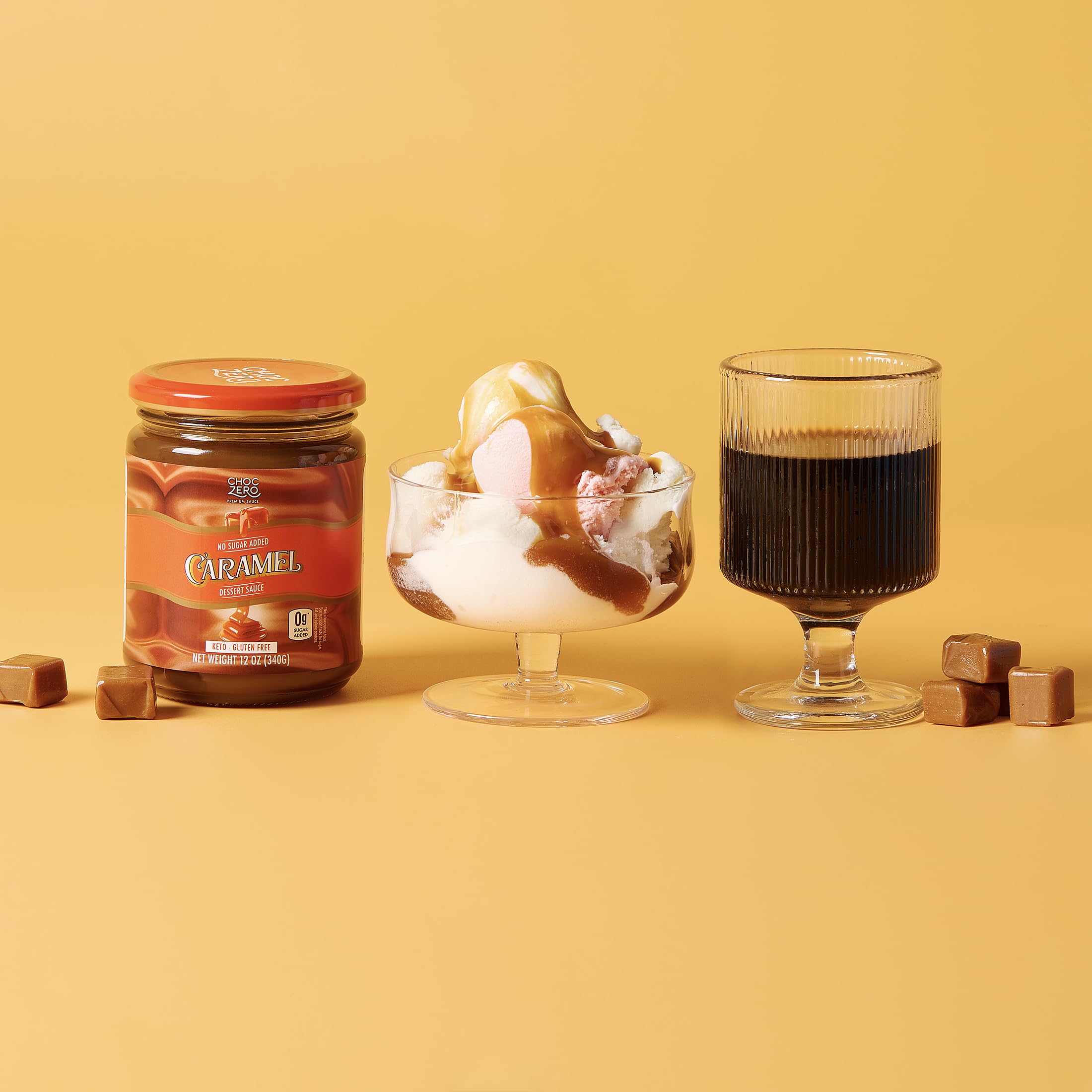 ChocZero keto caramel sauce proudly displays gluten-free ingredients.