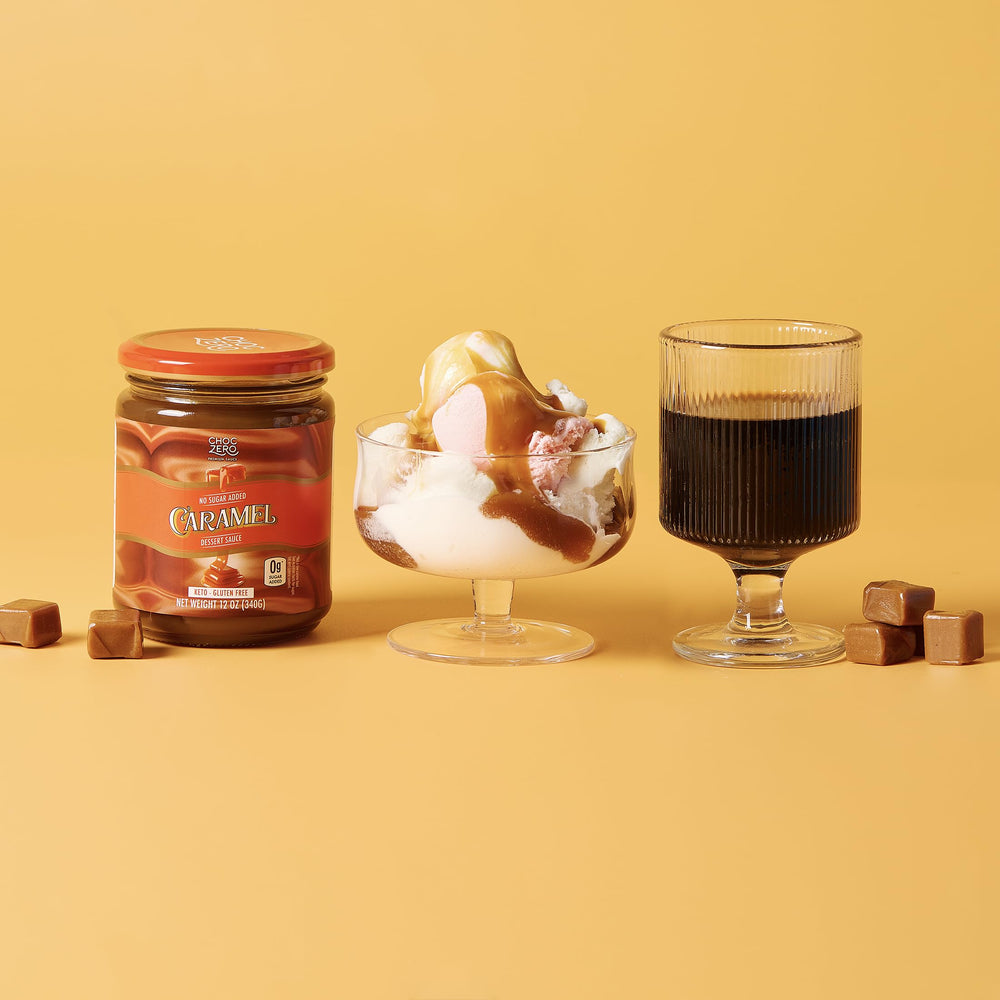 ChocZero keto caramel sauce proudly displays gluten-free ingredients.
