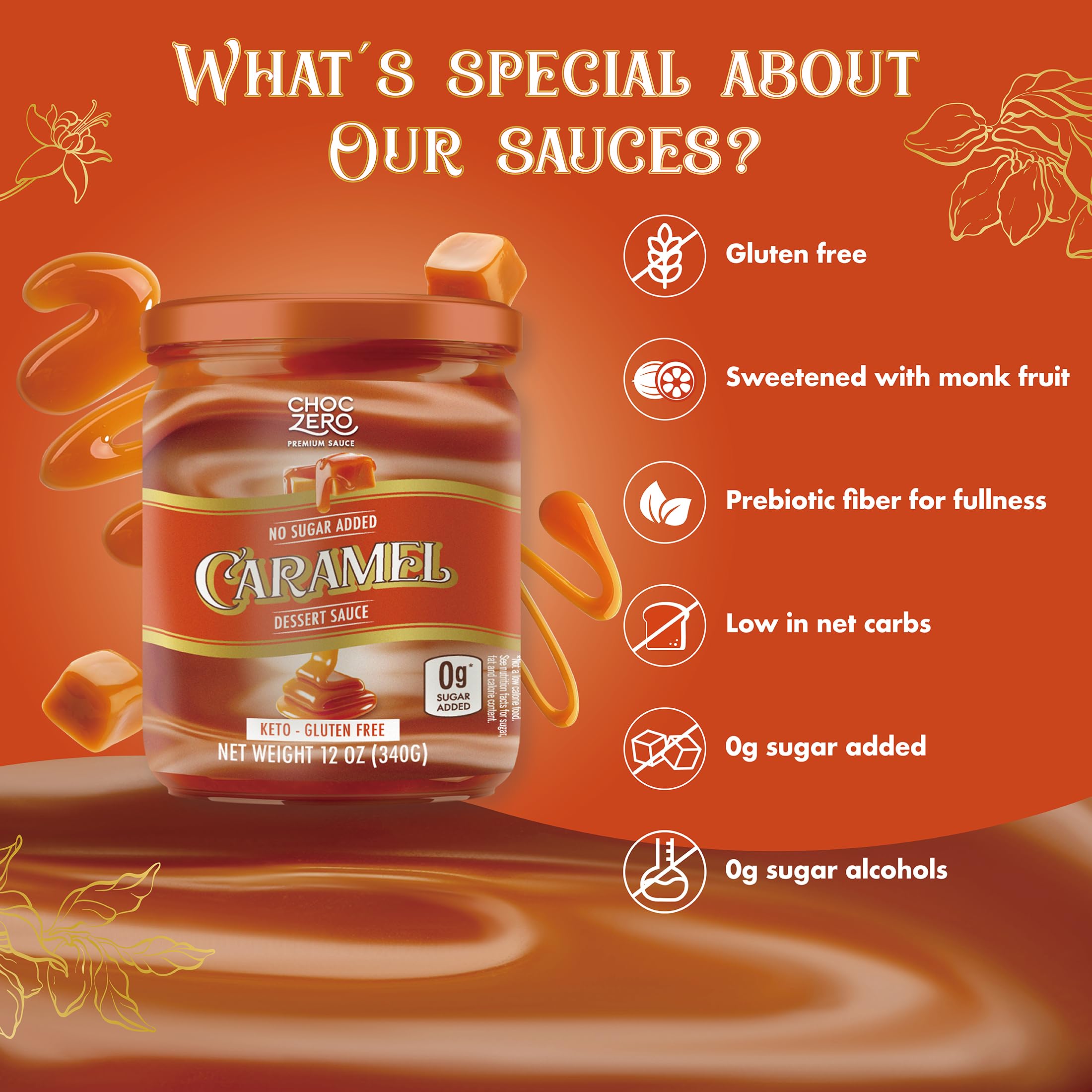 ChocZero keto caramel sauce with coffee swirls enhances your morning cup.
