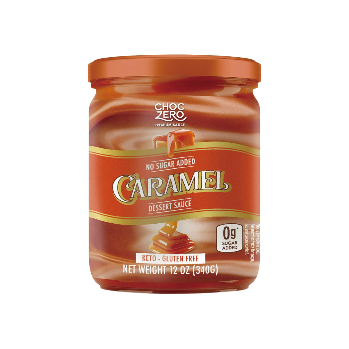 ChocZero keto caramel sauce in a glass jar for pantry-friendly keto desserts.