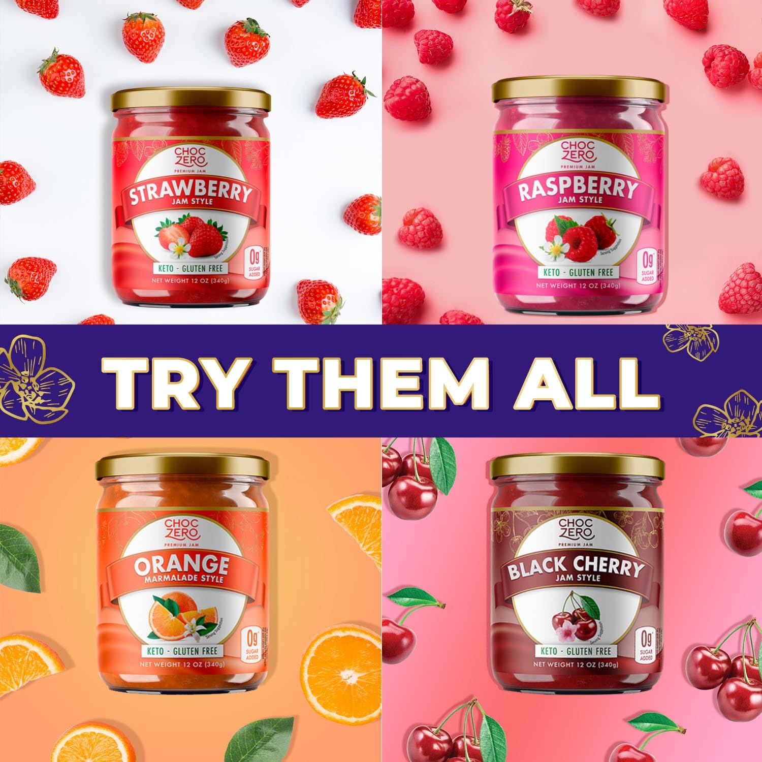 ChocZero keto grape jam packaging reinforces zero added sugar message.