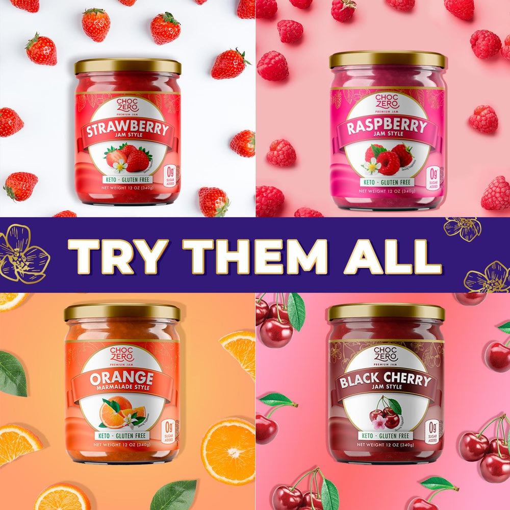 ChocZero keto grape jam packaging reinforces zero added sugar message.