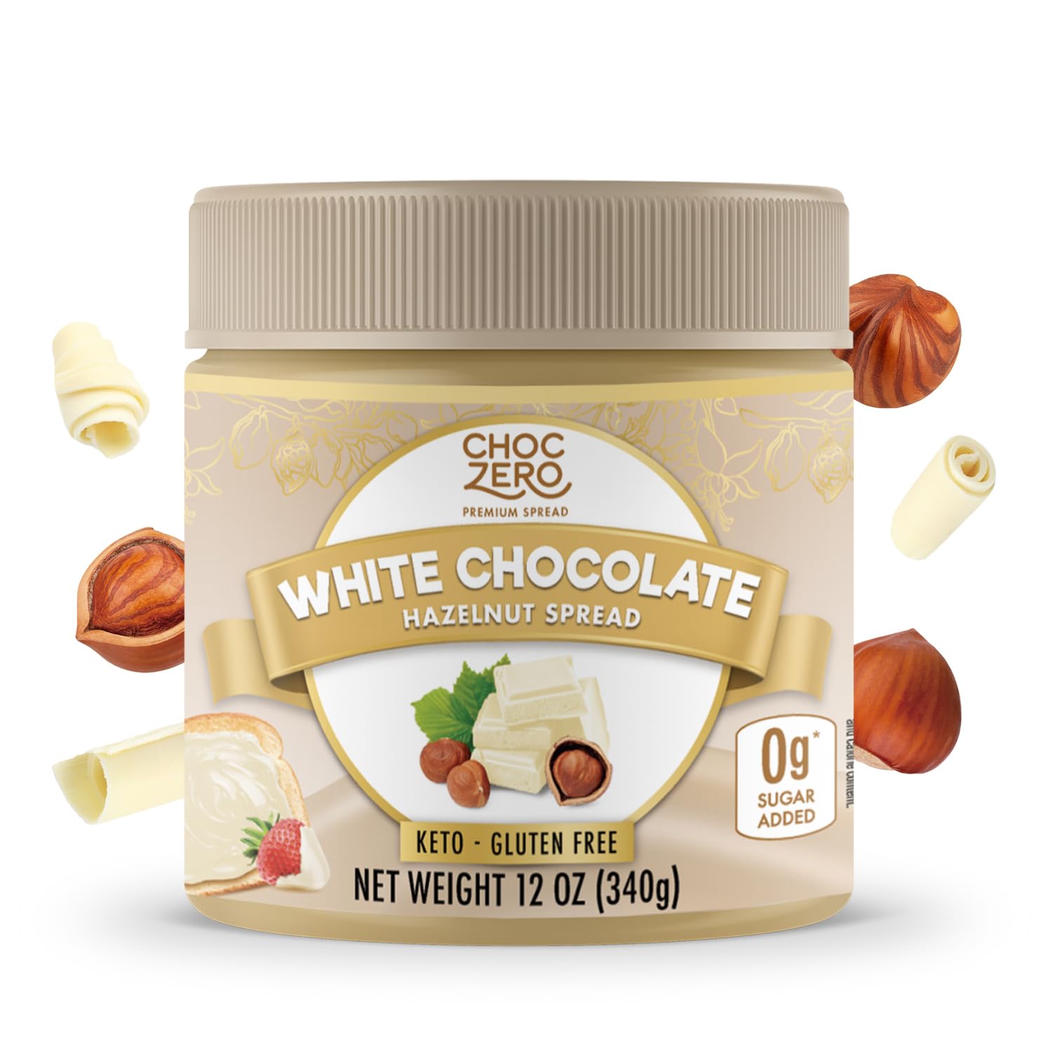 ChocZero Keto White Chocolate Hazelnut Spread jar – silky texture for a sugar-free breakfast.