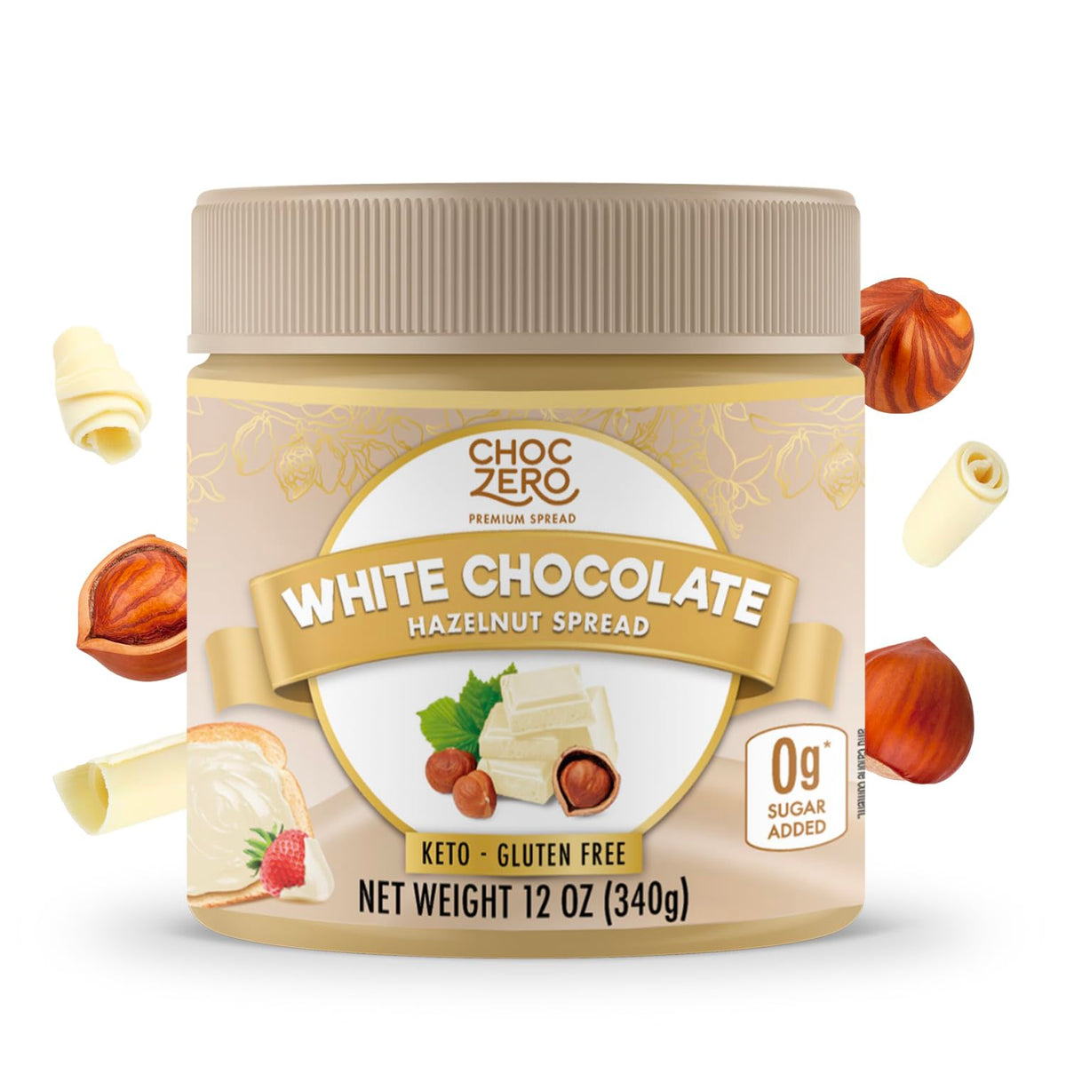 ChocZero Keto White Chocolate Hazelnut Spread jar – silky texture for a sugar-free breakfast.