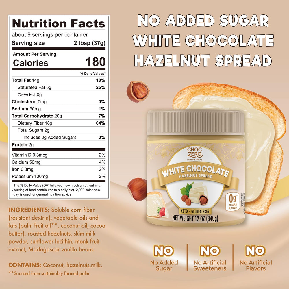 ChocZero Keto White Chocolate Hazelnut Spread pour – creamy drizzle on waffles with monk fruit sweetness.
