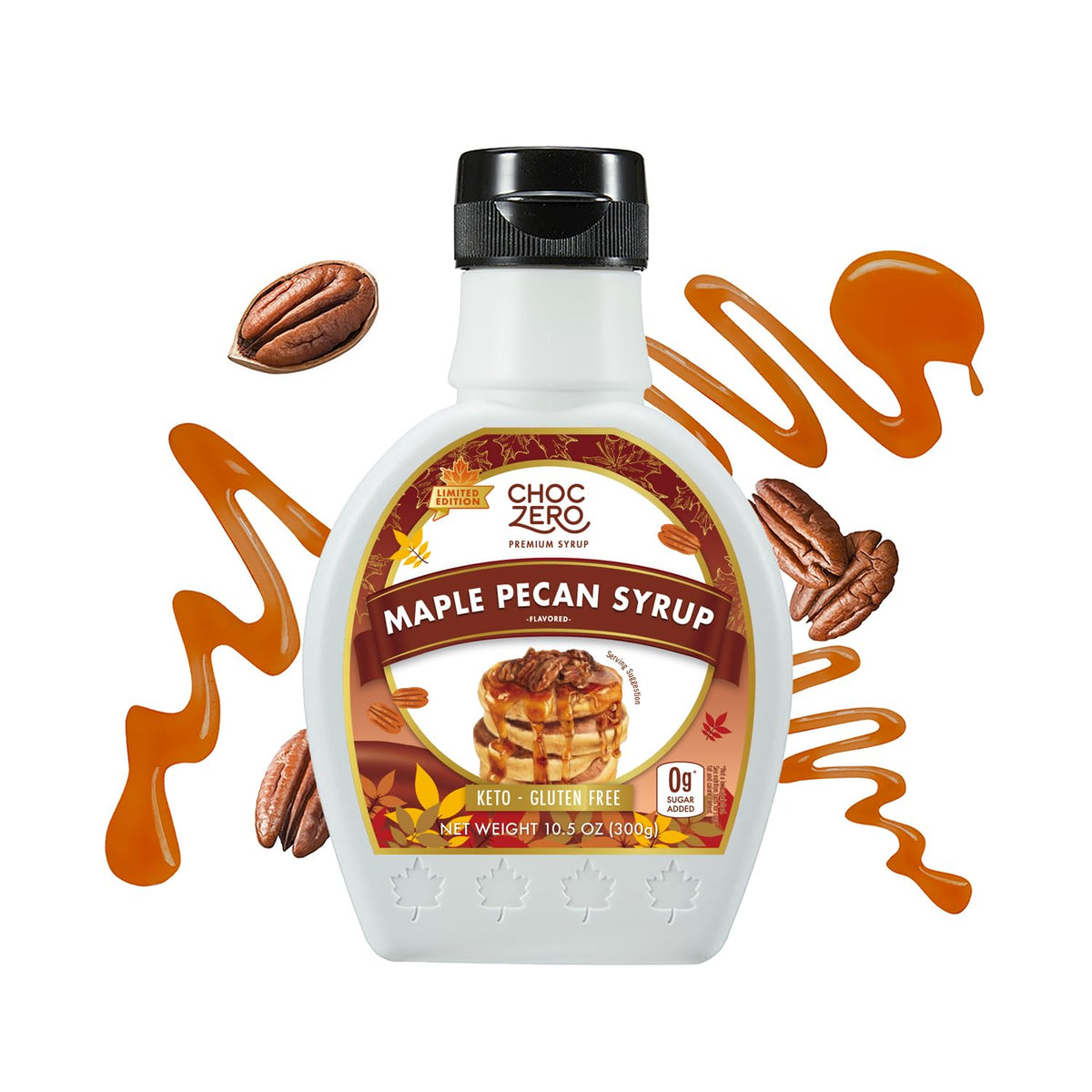ChocZero Maple Pecan Syrup bottle pour, sugar-free and keto-friendly.