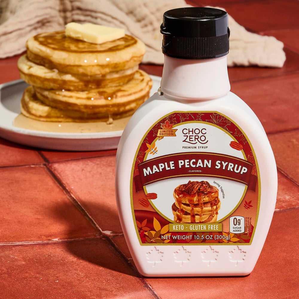 ChocZero Maple Pecan Syrup glass bottle on kitchen counter.