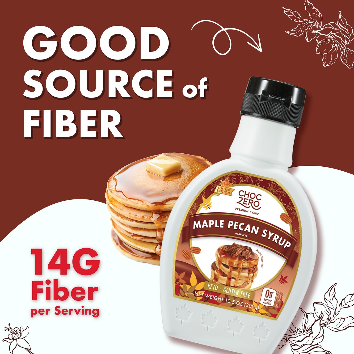 ChocZero Maple Pecan Syrup ingredients label close-up, vegan and gluten-free.