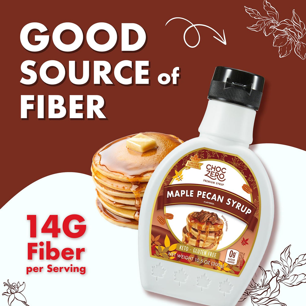 ChocZero Maple Pecan Syrup ingredients label close-up, vegan and gluten-free.
