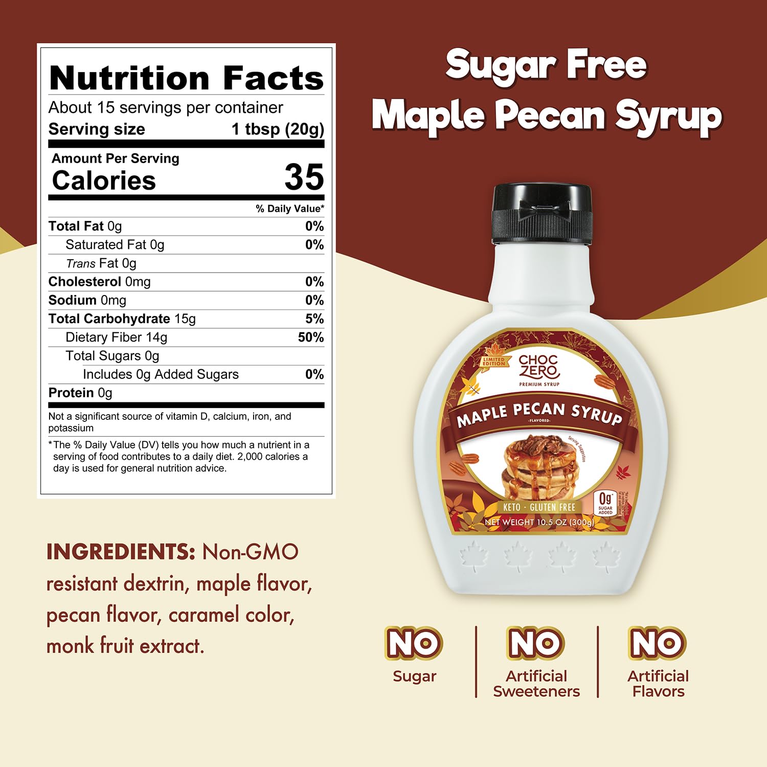 ChocZero Maple Pecan Syrup on pancakes, rich maple pecan flavor.