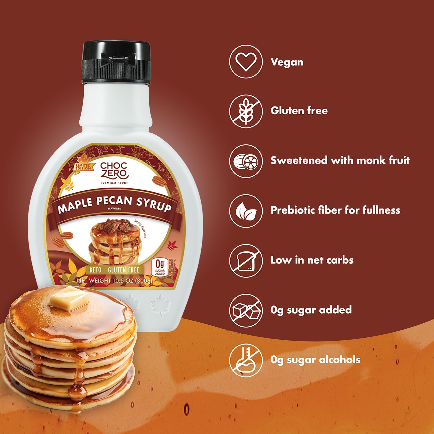 ChocZero Maple Pecan Syrup beside waffles, low carb indulgence.