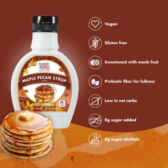 ChocZero Maple Pecan Syrup beside waffles, low carb indulgence.