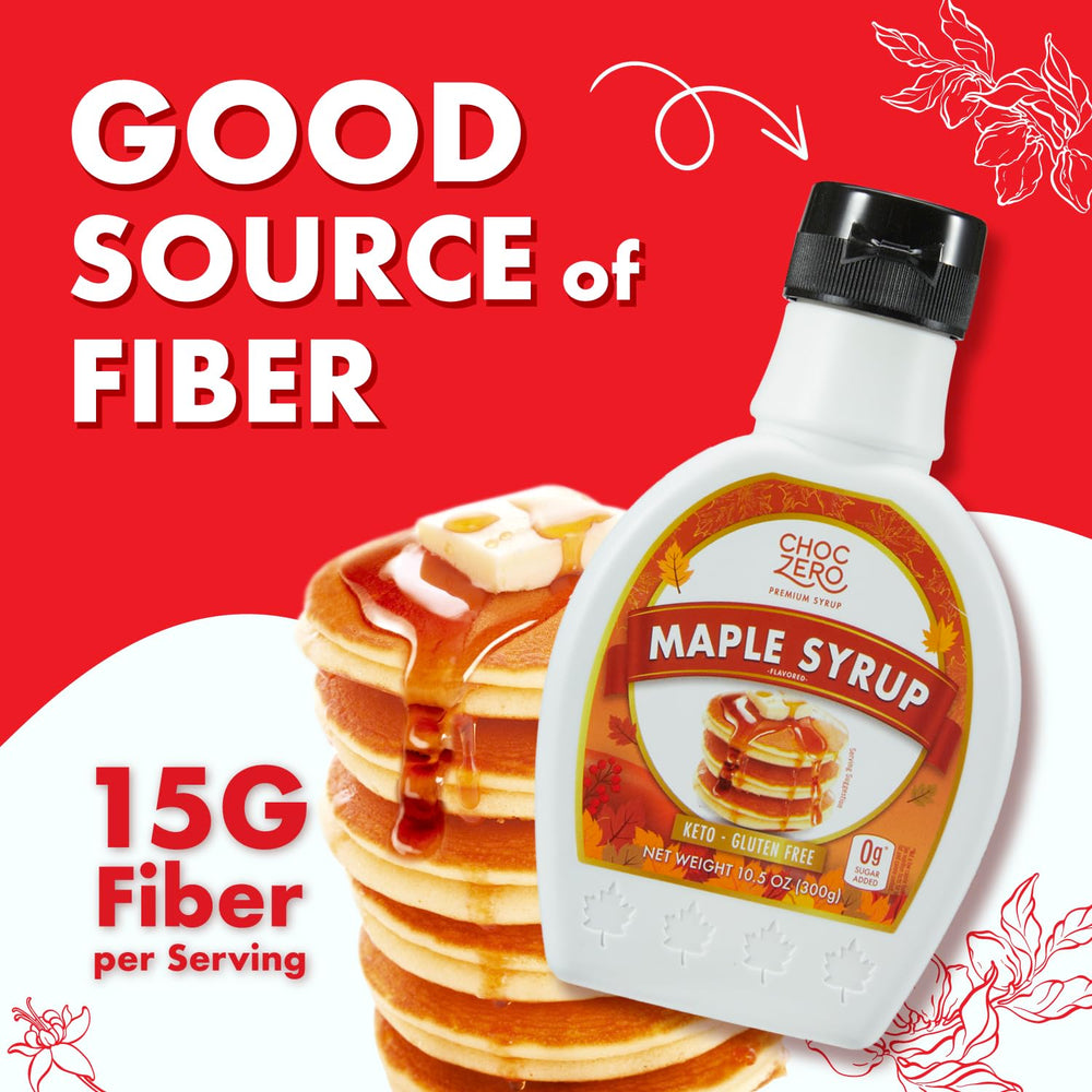 ChocZero maple syrup on pancakes for a low-carb breakfast.