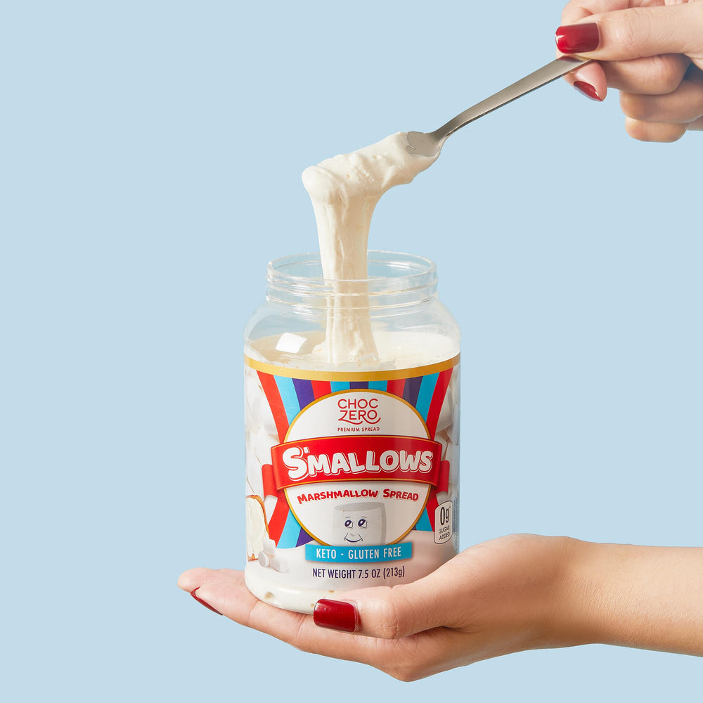 ChocZero marshmallow spread jar label highlighting 11g fiber per serving