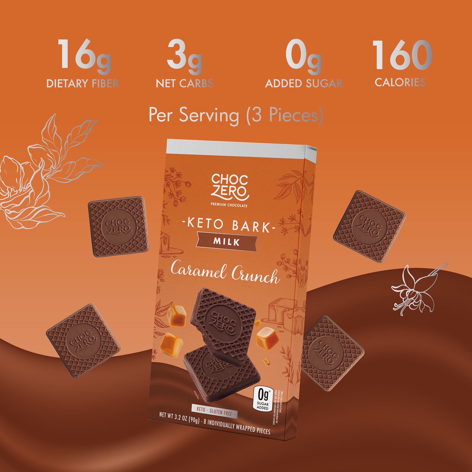 ChocZero Milk Chocolate Caramel Crunch Bark close-up highlights smooth chocolate with caramel crunch.