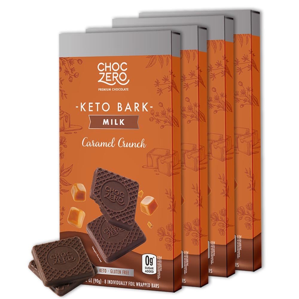 ChocZero Milk Chocolate Caramel Crunch Bark packaging shows keto-friendly, no added sugar promise.