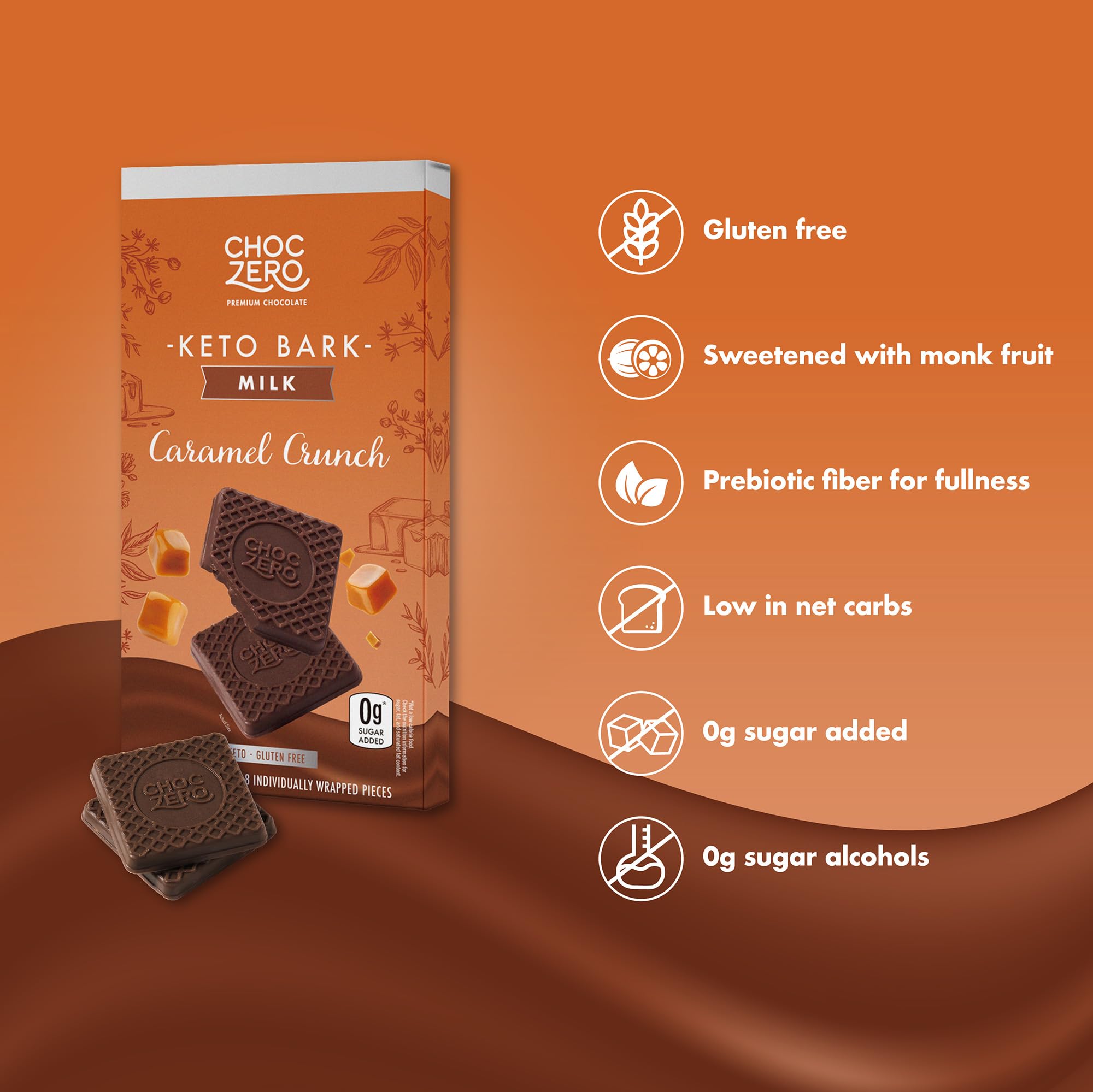 ChocZero bark texture displays smooth chocolate and crisp caramel crunch in a bite.