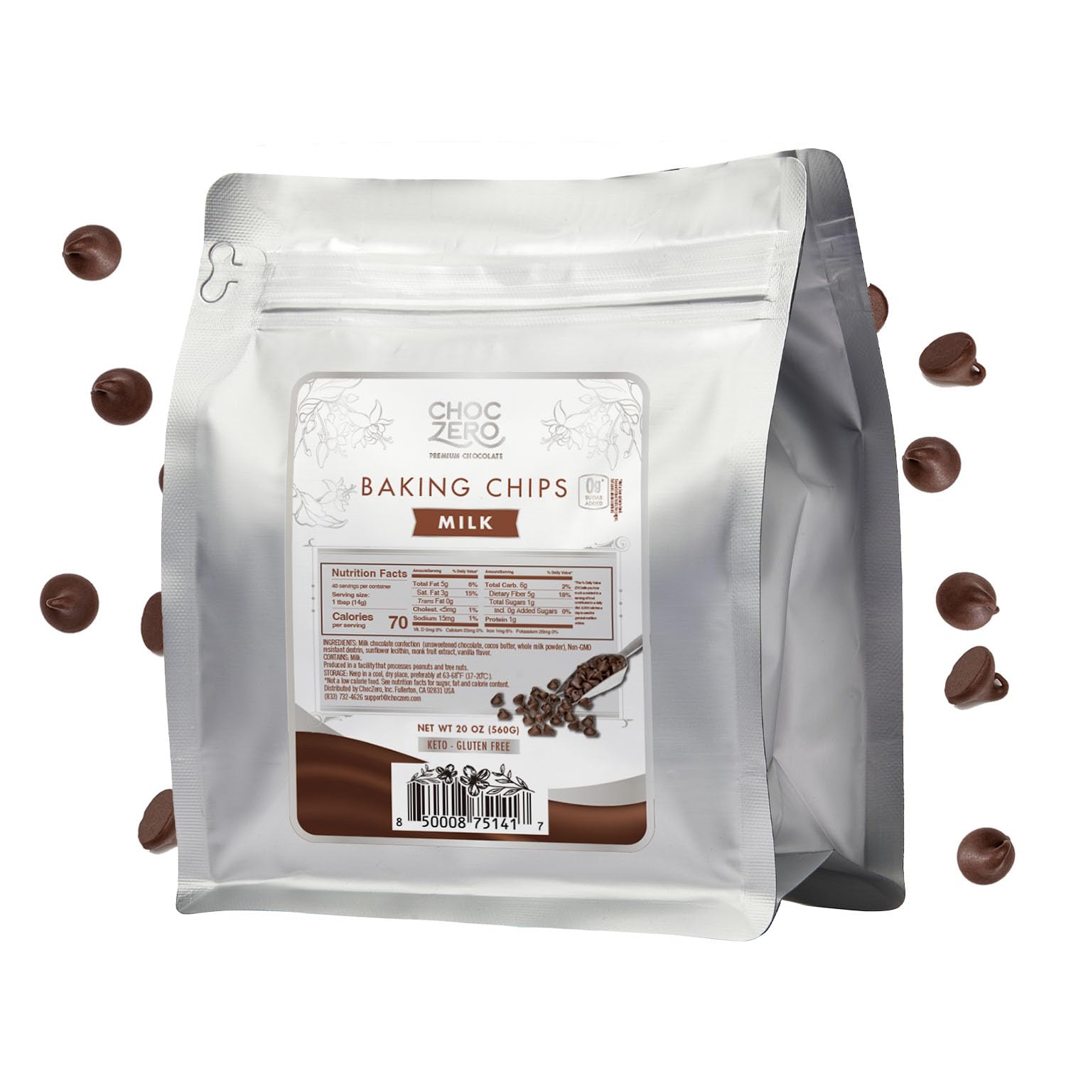 ChocZero Milk Chocolate Chips bag for baking and keto-friendly desserts.