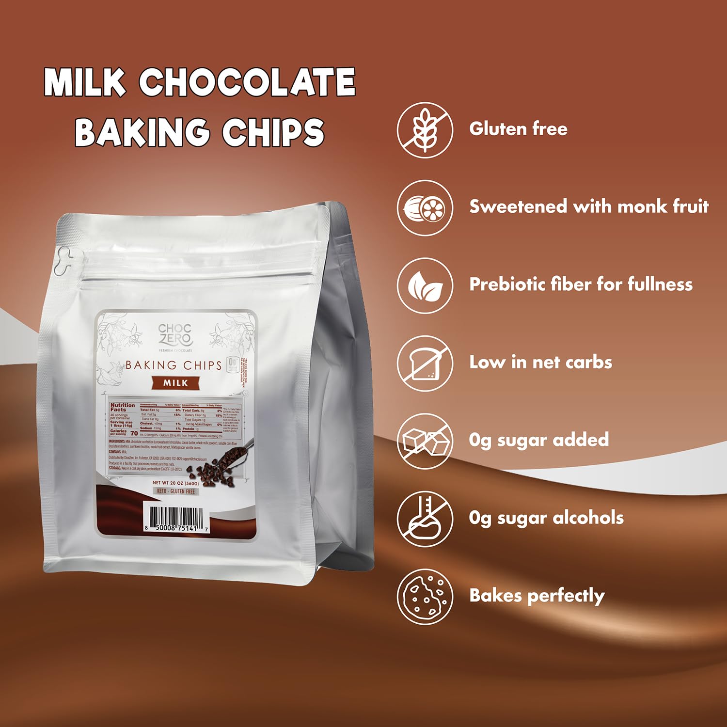 ChocZero Milk Chocolate Chips on a baking sheet for gluten-free treats.