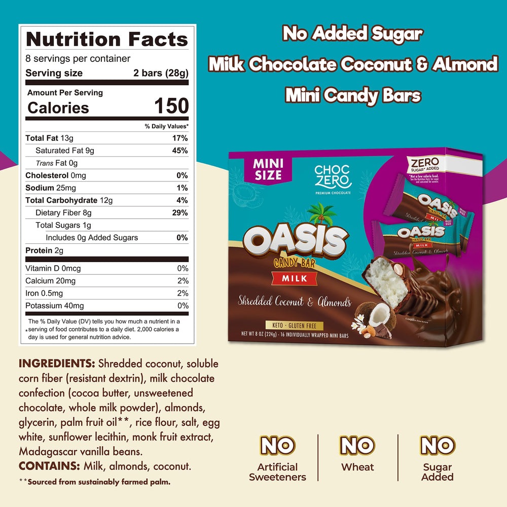 Close-up of ChocZero Mini Oasis Bar showing milk chocolate and coconut-almond center.