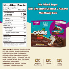 Close-up of ChocZero Mini Oasis Bar showing milk chocolate and coconut-almond center.