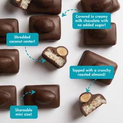 Cross-section of a ChocZero Mini Oasis Bar with chocolate, coconut, and almond layers.