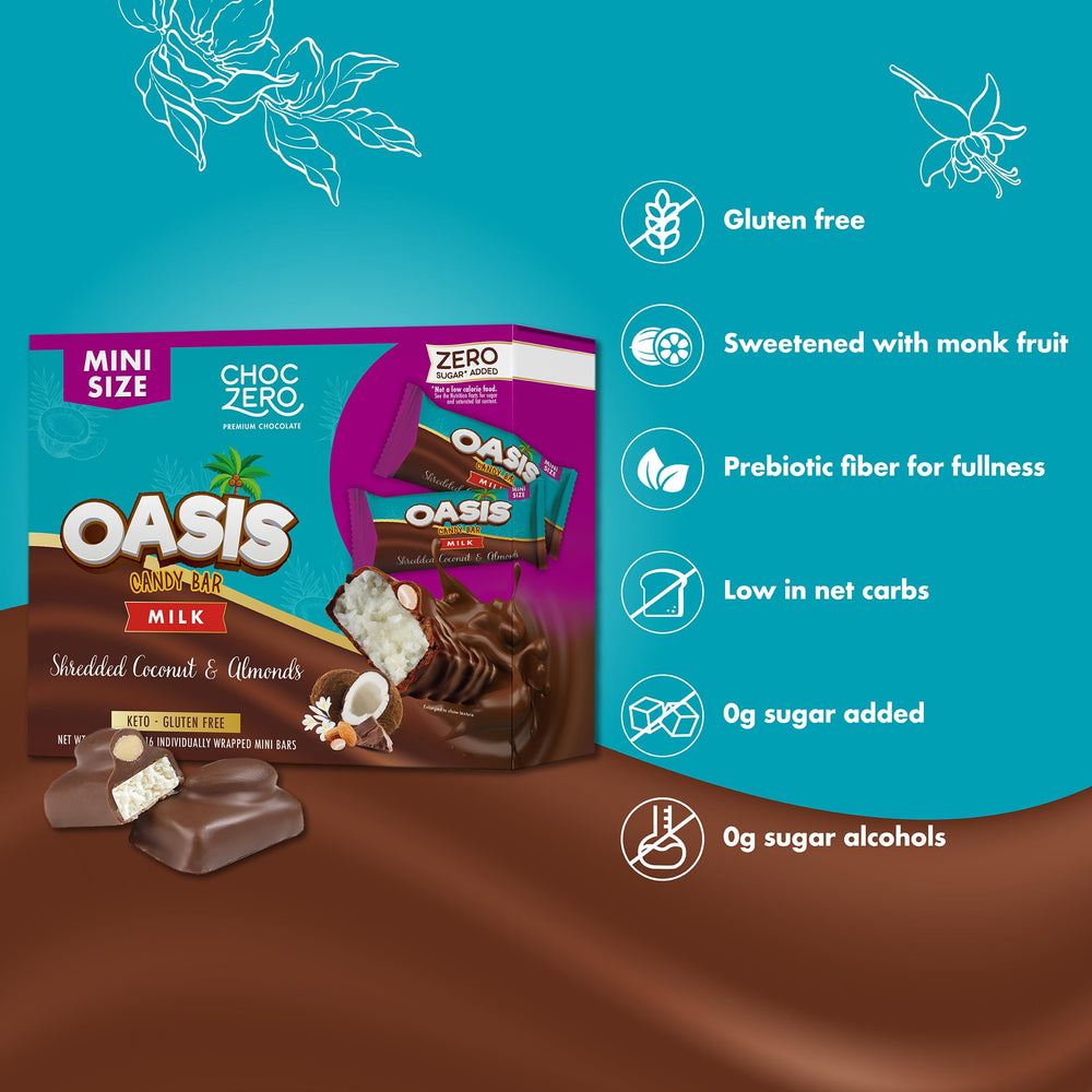 ChocZero Mini Oasis Bar ingredients and natural sweetener details.