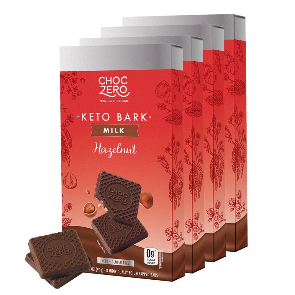 ChocZero milk chocolate hazelnut bark close-up with creamy chocolate and hazelnut crunch.