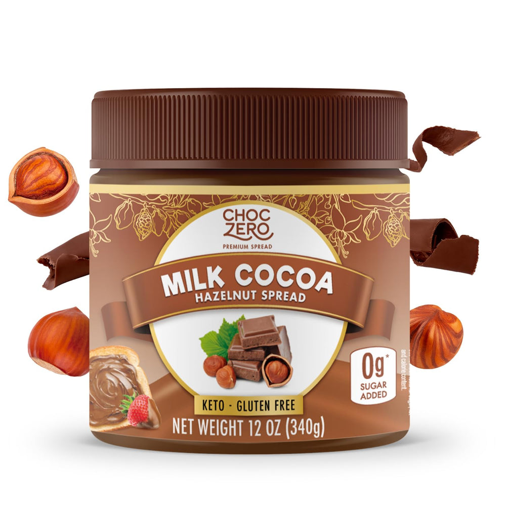 ChocZero Milk Chocolate Hazelnut Spread in a jar with no added sugar.