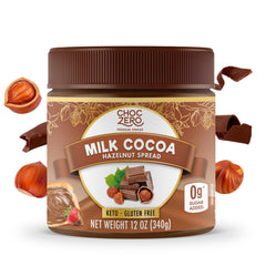 ChocZero Milk Chocolate Hazelnut Spread in a jar with no added sugar.