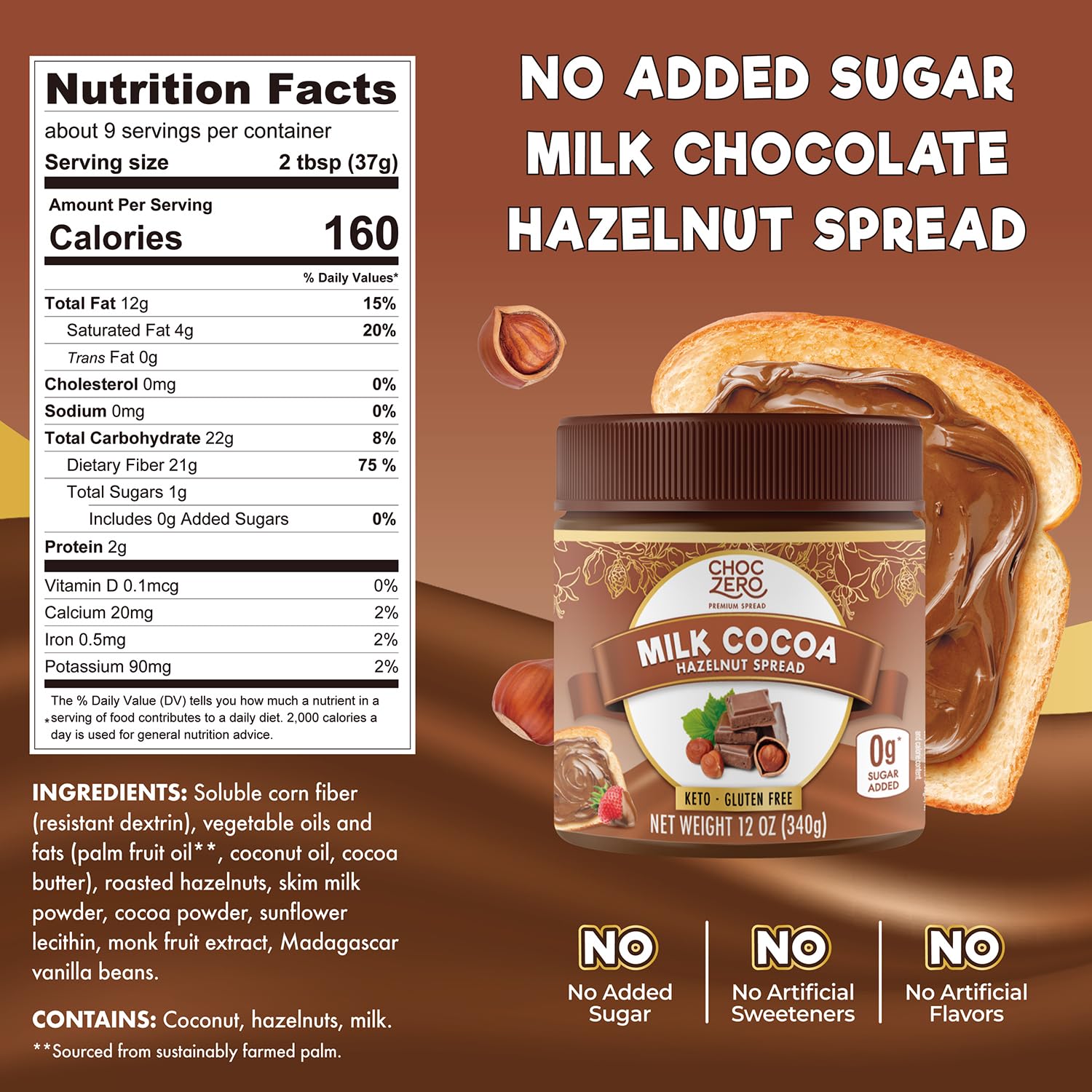 ChocZero spread on toast, creamy hazelnut topping with low net carbs.