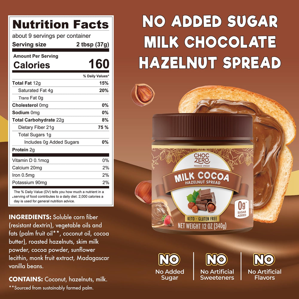 ChocZero spread on toast, creamy hazelnut topping with low net carbs.